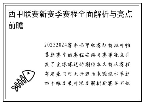 西甲联赛新赛季赛程全面解析与亮点前瞻