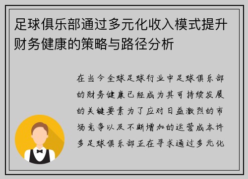 足球俱乐部通过多元化收入模式提升财务健康的策略与路径分析