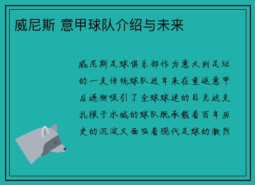 威尼斯 意甲球队介绍与未来