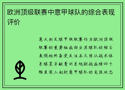 欧洲顶级联赛中意甲球队的综合表现评价