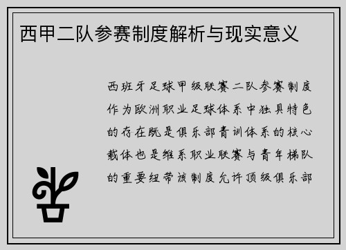 西甲二队参赛制度解析与现实意义
